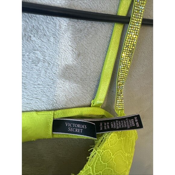 Victoria’s Secret Very Sexy Push-Up Bra 32B Neon Green Lace Rhinestone Straps - Picture 4 of 6